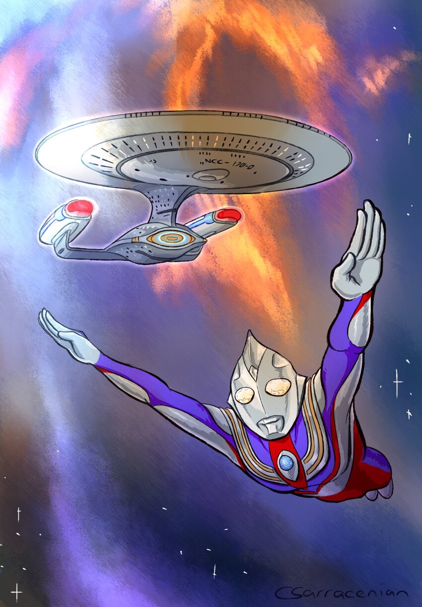1boy absurdres alien alt_text artist_name commentary crossover english_commentary flying highres nebula sarracenian space spacecraft star_(sky) star_trek star_trek:_the_next_generation tokusatsu ultra_series ultraman_tiga ultraman_tiga_(multi_type) ultraman_tiga_(series) uss_enterprise_(star_trek) uss_enterprise_ncc-1701-d yellow_eyes