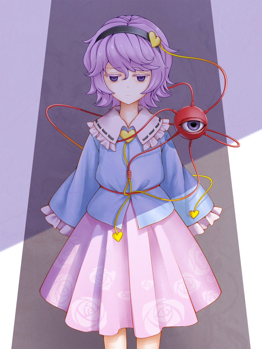 1girl black_hairband blue_shirt chanko closed_mouth commentary_request contrast_collar cowboy_shot expressionless floral_print frilled_shirt_collar frilled_sleeves frills hair_between_eyes hair_ornament hairband heart heart_hair_ornament highres komeiji_satori long_sleeves looking_at_viewer pink_hair pink_skirt print_skirt purple_eyes ribbon-trimmed_collar ribbon_trim rose_print shirt short_hair skirt sleeves_past_fingers sleeves_past_wrists solo standing straight-on third_eye touhou wide_sleeves