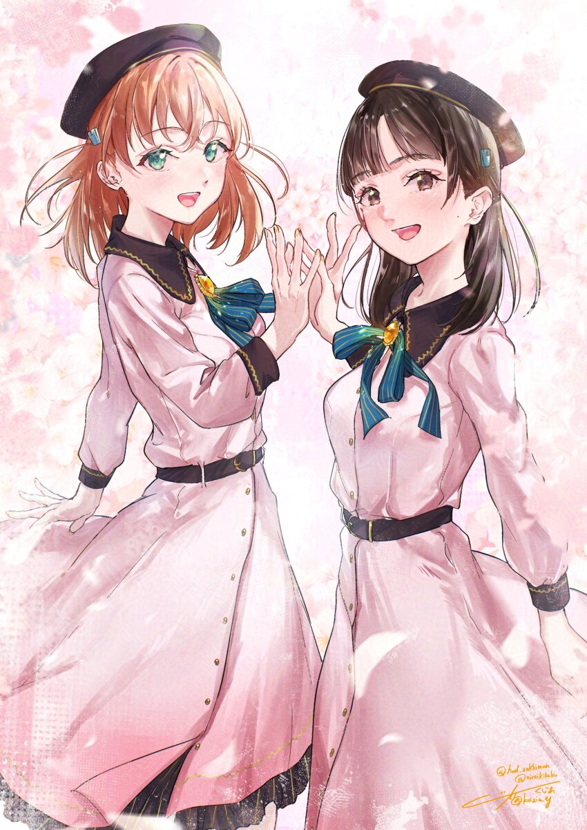 2girls 4th_live_dream_~bloom_the_dream_believers~ :d absurdres animification artist_name beret black_hat blue_ribbon breasts brown_eyes cherry_blossoms commentary_request contrast_collar cowboy_shot dream_believers dress flower flower_hands flower_hands_duo flower_stand_art frilled_dress frills hair_ornament hat highres hinoshita_kaho kuzia_(atarayo) link!_like!_love_live! long_sleeves looking_at_viewer love_live! medium_breasts medium_hair multiple_girls neck_ribbon nirei_nozomi official_alternate_costume open_mouth orange_hair outdoors pink_dress pink_flower pinstripe_ribbon rabbit_hair_ornament real_life ribbon rounded_collar signature smile twitter_username two_side_up virtual_youtuber voice_actor voice_actor_connection
