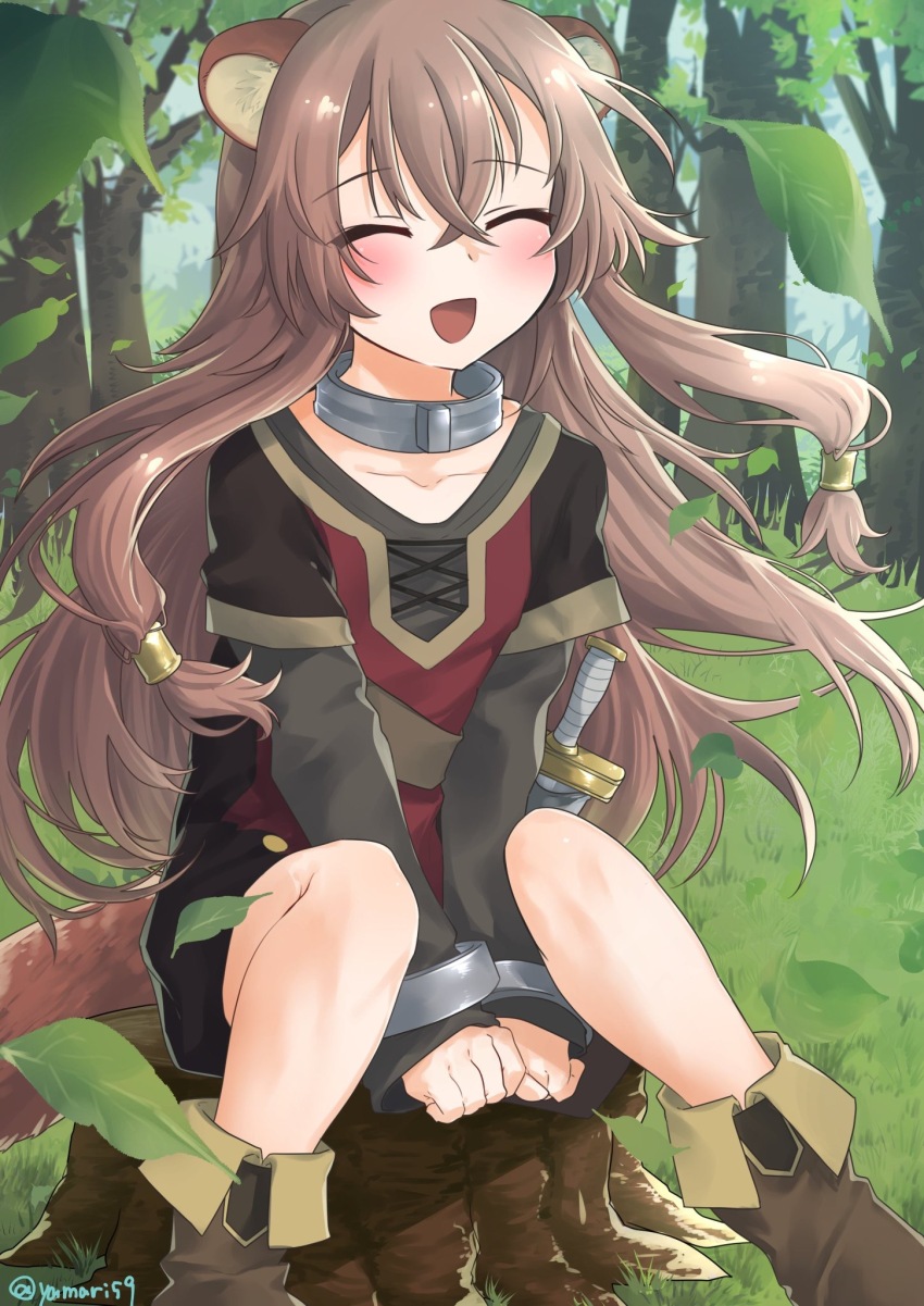 1girl :d ^_^ animal_ear_fluff animal_ears artist_name between_legs black_dress blush boots brown_boots brown_dress brown_hair child closed_eyes collar collarbone commentary_request dress falling_leaves flat_chest forest full_body hair_tubes hand_between_legs highres knife layered_dress leaf long_hair long_sleeves mari_(rodoney-kiara) metal_collar metal_hair_tubes metal_wrist_cuffs mixed-language_commentary nature open_mouth outdoors partial_commentary raccoon_ears raccoon_girl raccoon_tail raphtalia red_dress sheath sheathed short_sleeves sitting on_tree_stump smile solo tail tate_no_yuusha_no_nariagari tree twitter_username two-tone_dress