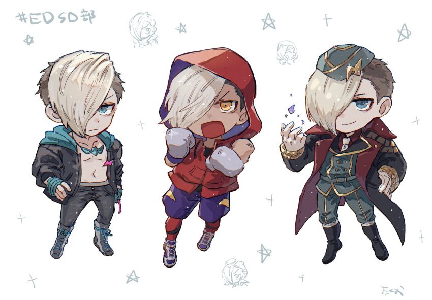 1boy :| alternate_color alternate_costume asymmetrical_hair black_boots blonde_hair blue_eyes boots boxing_gloves chibi closed_mouth collared_jacket dark-skinned_male dark_skin denim ed_(street_fighter) fighting_stance hair_over_one_eye hand_on_own_hip hand_up hat highres hood hood_down hood_up hoodie jacket jeans jewelry leggings magic male_focus military_uniform necklace necktie official_alternate_color official_alternate_costume open_mouth orange_eyes pants red_hoodie red_leggings sakuraba_taku shorts solo star_(symbol) street_fighter street_fighter_6 white_necktie