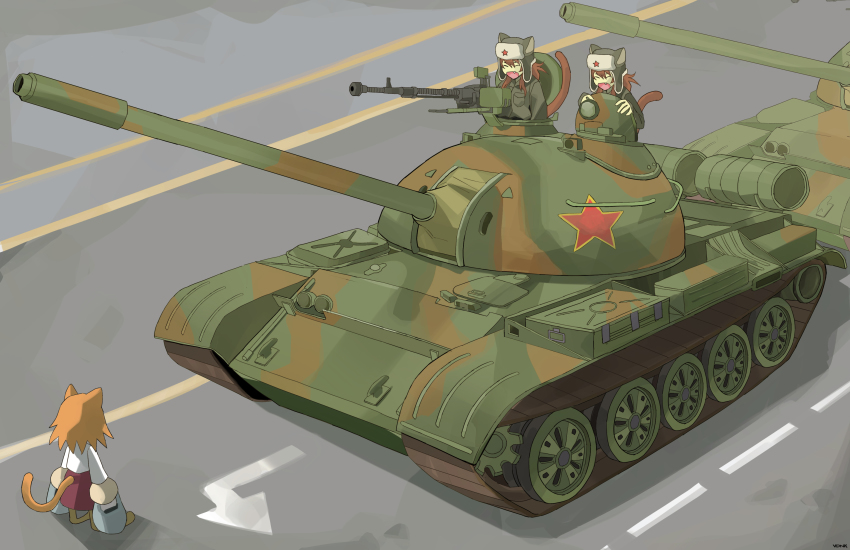 19vodnik 3girls absurdres angry bag carnival_phantasm cat cat_tail gun hat highres historical_event machine_gun melty_blood military military_hat military_uniform military_vehicle motor_vehicle multiple_girls neco-arc neco_spirit red_star road shopping_bag star_(symbol) tail tank tank_man tiananmen_square tsukihime type-moon type_59_(tank) weapon