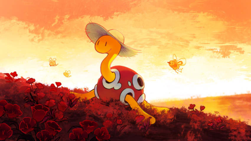 ablob closed_mouth creature cutiefly flower flying full_body gen_2_pokemon gen_7_pokemon grass hat nintendo no_humans pokemon pokemon_(creature) shuckle smile twilight