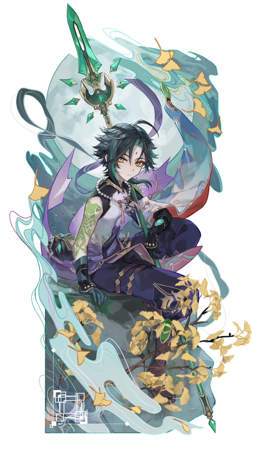 1boy ahoge aqua_hair arm_tattoo asymmetrical_clothes asymmetrical_gloves bead_necklace beads black_gloves blue_gloves blue_pants boots branch brown_boots cape closed_mouth commentary_request detached_sleeves diamond-shaped_pupils diamond_(shape) expressionless eyeshadow facial_mark forehead_mark full_body genshin_impact ginkgo_leaf gloves green_hair highres holding holding_polearm holding_weapon jewelry knee_up leaf looking_at_viewer makeup male_focus mask mismatched_gloves multicolored_hair necklace pants parted_bangs polearm primordial_jade_winged-spear_(genshin_impact) purple_cape red_eyeshadow rock shirt short_hair sidelocks simple_background single_detached_sleeve sitting sleeveless sleeveless_shirt solo streaked_hair symbol-shaped_pupils tassel tattoo unworn_mask vision_(genshin_impact) weapon white_background white_shirt wide_sleeves xiao_(genshin_impact) yellow_eyes zaso