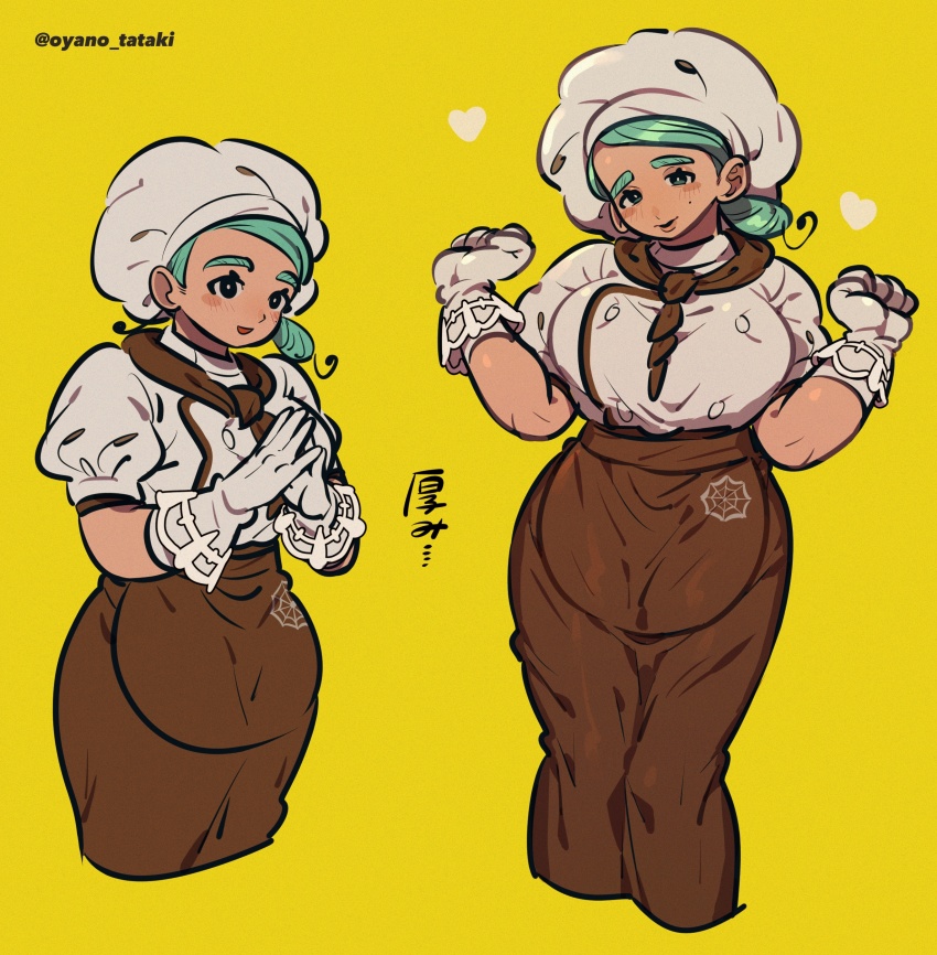 1girl absurdres bad_id bad_twitter_id black_eyes breasts brown_skirt buttons chef_hat clenched_hands double-breasted gloves green_eyes hat head_tilt heart highres inactive_account jacket_tucked_in katy_(pokemon) large_breasts long_skirt looking_at_viewer low_ponytail mogero_(gerogero_ieki) mole mole_under_mouth multiple_views nintendo own_hands_together plump pokemon pokemon_sv ponytail puffy_short_sleeves puffy_sleeves short_ponytail short_sleeves simple_background skirt smile steepled_fingers thick_eyebrows translation_request twitter_username w_arms white_gloves wide_hips yellow_background