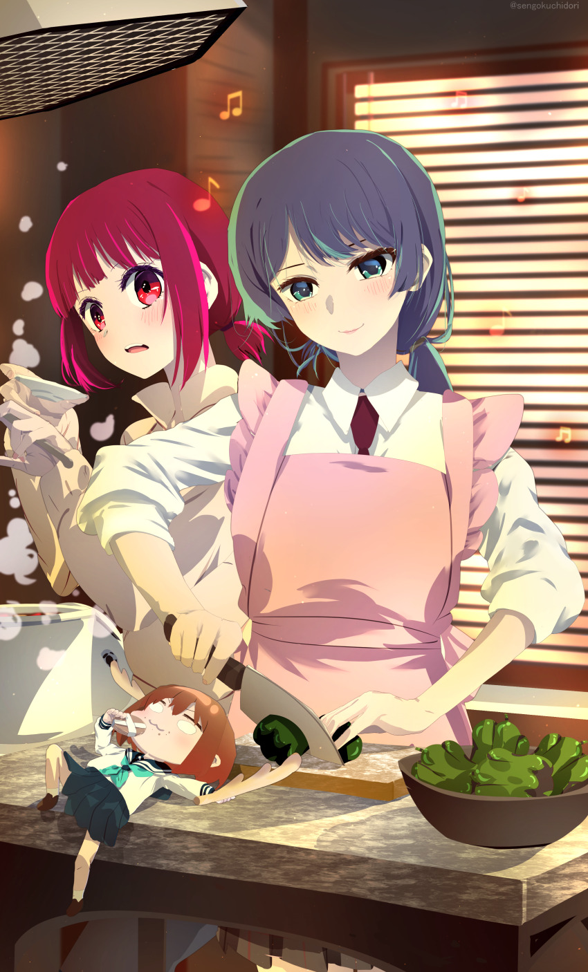 3girls :3 absurdres antlers apron aqua_neckerchief arima_kana bell_pepper blue_eyes blue_hair blue_sailor_collar blue_skirt blush brown_hair closed_mouth collared_shirt commentary_request cooking crossover deer_cracker highres holding holding_knife horns indoors knife kurokawa_akane long_hair long_sleeves low_ponytail mini_person multiple_girls neckerchief necktie open_mouth oshi_no_ko pink_apron pleated_skirt ponytail red_eyes red_hair red_necktie sailor_collar school_uniform season_connection sengoku_chidori serafuku shikanoko_noko shikanoko_nokonoko_koshitantan shirt short_hair short_ponytail skirt teeth three-quarter_sleeves upper_teeth_only voice_actor_connection white_shirt