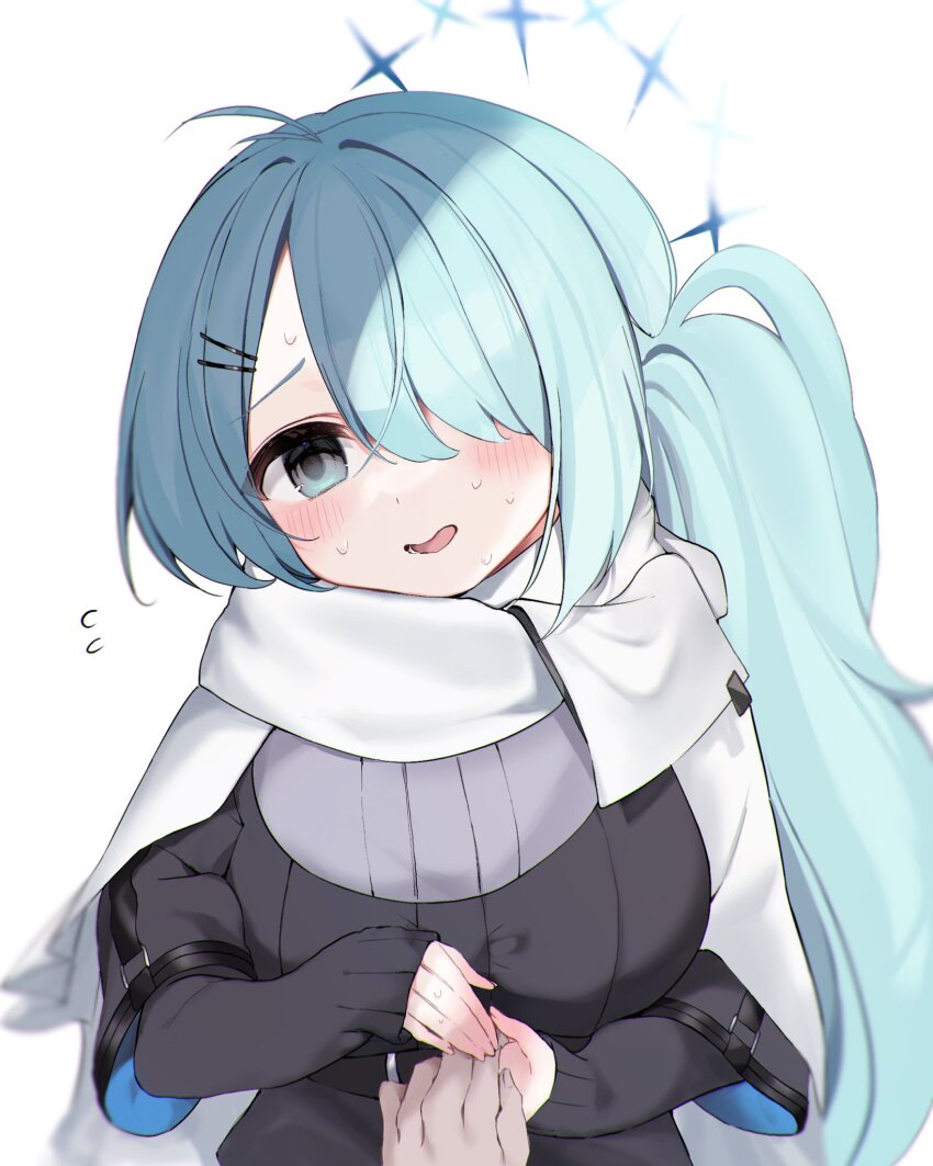 1girl ao_(mintz) aqua_hair blue_archive blue_eyes blue_hair blurry blush breasts depth_of_field embarrassed hair_ornament hair_over_one_eye halo highres hiyori_(blue_archive) large_breasts long_hair long_sleeves looking_at_viewer open_mouth own_hands_together scarf side_ponytail solo_focus sweat sweatdrop white_background white_scarf