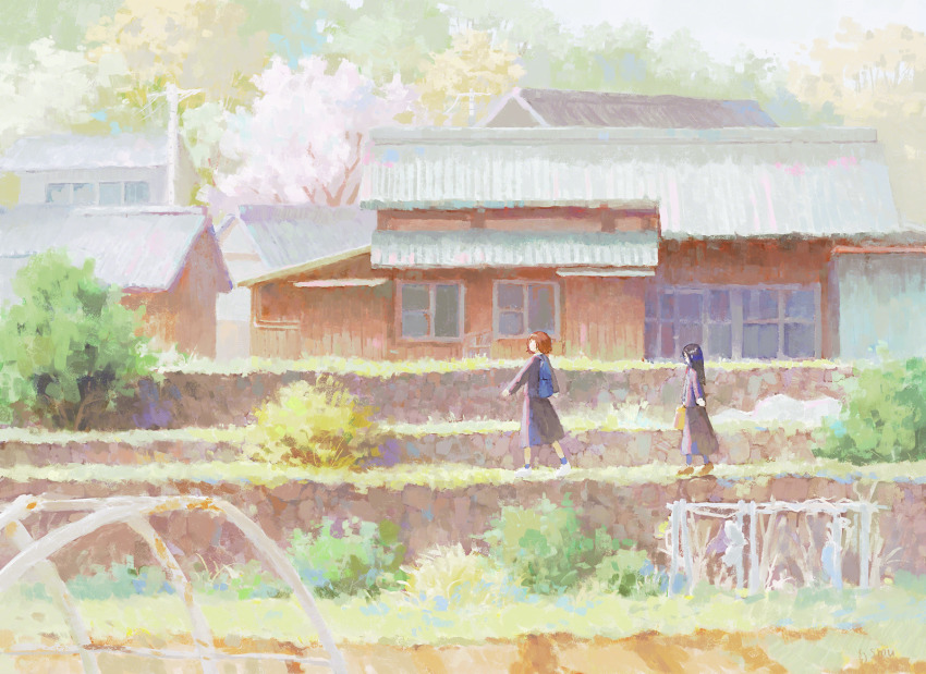 2girls backpack bag bank black_jacket black_skirt blue_bag blue_socks brown_hair brown_shoes bush day farm fjsmu highres jacket long_skirt multiple_girls original outdoors plant power_lines rural scenery school_uniform shoes short_hair signature skirt socks utility_pole village walking white_shoes wide_shot