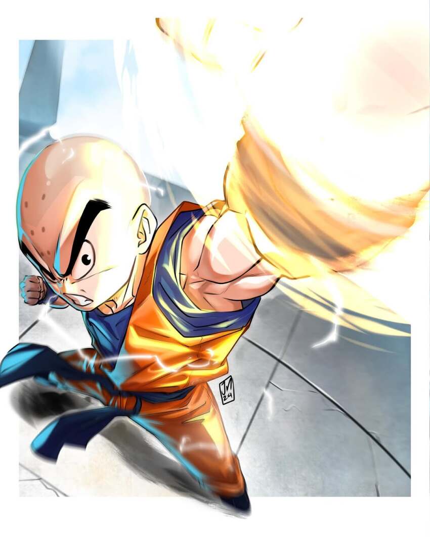 1boy bald black_eyes dragon_ball highres kienzan kuririn lightning muscular muscular_male serious solo tagme