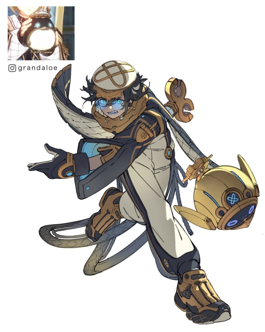 1boy artist_name black_cape black_gloves black_hair black_jacket black_pants black_shoes blue-tinted_eyewear blue_eyes cape commentary english_commentary fang freminet_(genshin_impact) game_screenshot_inset genshin_impact glasses gloves glowing glowing_eyes grandaloe hair_between_eyes hat highres instagram_logo jacket long_sleeves looking_at_viewer male_focus multicolored_hair multicolored_shoes non-humanoid_robot open_mouth pants pers_(genshin_impact) personification robot robot_animal role_reversal rope round_eyewear shoes short_hair simple_background solo streaked_hair teardrop-framed_glasses teeth tinted_eyewear two-sided_cape two-sided_fabric two-tone_gloves two-tone_pants two-tone_shoes v-shaped_eyebrows white_background white_gloves white_hair white_hat white_pants winding_key yellow_shoes