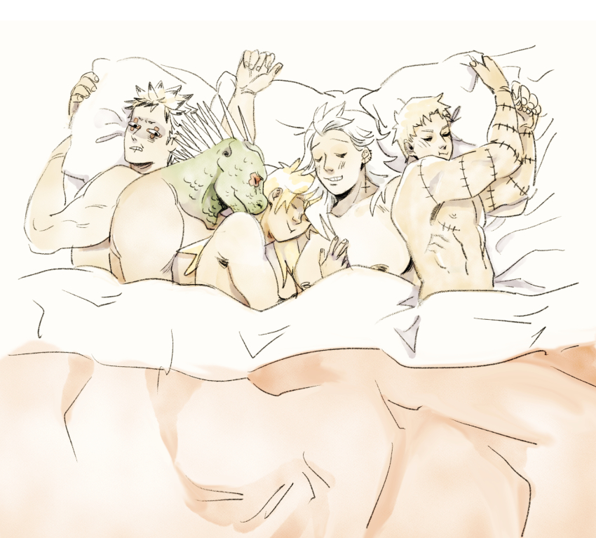 2girls 3boys bed blonde_hair caiman_(dorohedoro) dorohedoro earrings highres jewelry mask multiple_boys multiple_girls nikaidou_(dorohedoro) noi_(dorohedoro) racqueer shin_(dorohedoro) sleeping tattoo white_hair