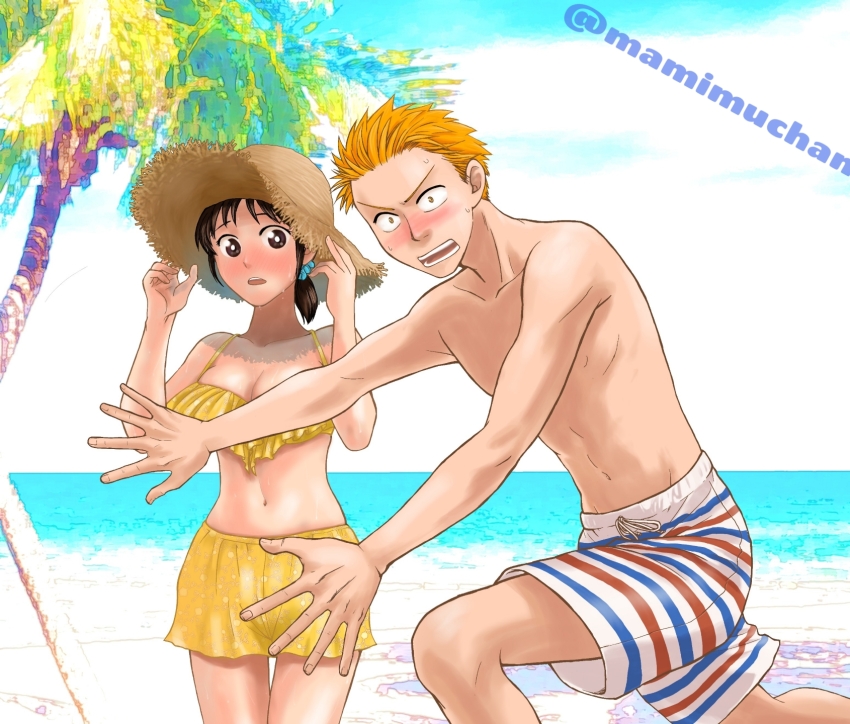 1boy 1girl artist_name ase_to_sekken beach bikini bikini_skirt black_eyes black_hair blush breasts day frilled_bikini frills hat highres male_swimwear mamimuchan medium_breasts medium_hair multicolored_male_swimwear multicolored_swim_trunks natori_koutarou navel orange_hair outdoors palm_tree print_male_swimwear sanpaku short_hair standing straw_hat striped_male_swimwear striped_swim_trunks summer sweat swim_trunks swimsuit tree white_male_swimwear white_swim_trunks yaeshima_asako yellow_bikini