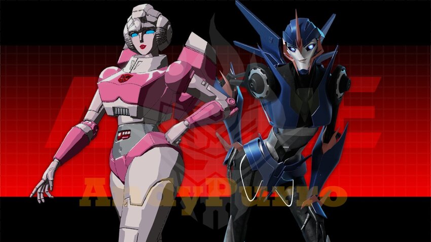 2girls 3d andypurro arcee arcee_(prime) autobot blender_(medium) blue_eyes breasts glowing glowing_eyes hand_on_own_hip humanoid_robot looking_at_viewer medium_breasts multiple_girls panties pink_panties red_lips robot robot_girl smile transformers transformers:_generation_1 transformers_prime underwear watermark