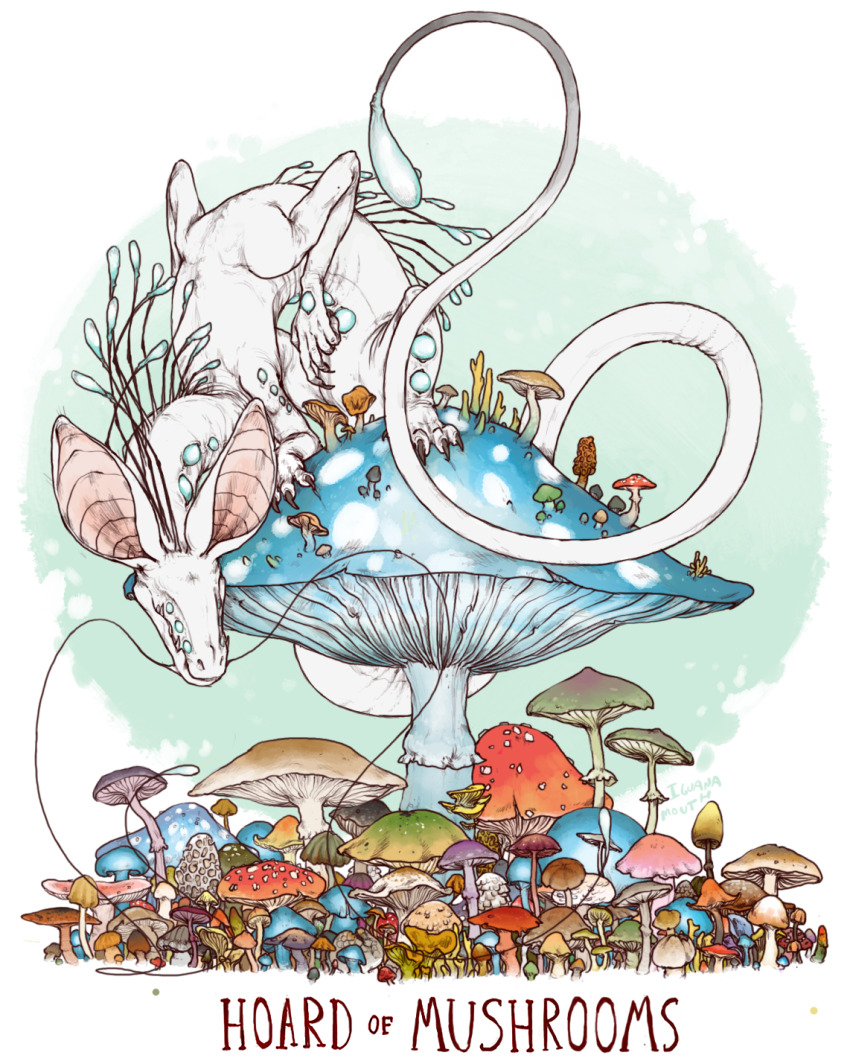 animal_ears antennae bat_ears bent_over bioluminescence blue_eyes border colored_skin commentary commission dragon english_commentary english_text extra_arms extra_eyes fantasy fly_agaric fungi giant_mushroom glowing green_background highres iguanamouth mushroom mycelium no_humans no_pupils on_mushroom original pale_color shiitake sitting_on_mushroom very_long_tail white_border white_eyes white_skin