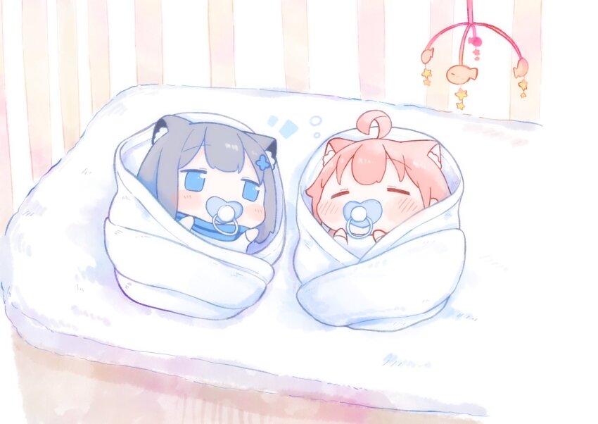 2girls aged_down ahoge animal_ear_fluff animal_ears baby blue_archive blue_eyes blush closed_eyes commentary cradle grey_hair hair_ornament highres hoshino_(blue_archive) lying mobile multiple_girls on_back pacifier pink_hair shiroko_(blue_archive) symbol-only_commentary urode