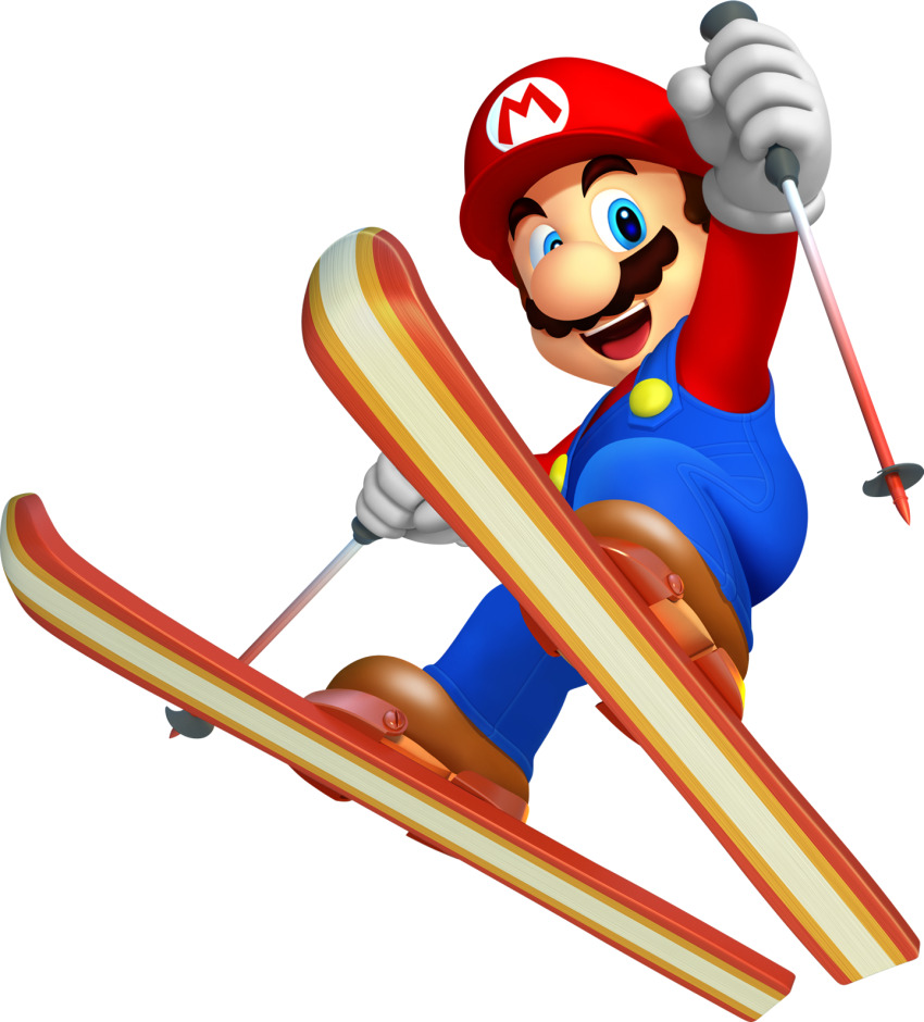 1boy 3d arms_up blue_eyes blue_overalls brown_shoes buttons cabbie_hat clothes_writing facial_hair from_below full_body gloves happy hat highres holding_ski_pole jumping long_sleeves looking_afar looking_to_the_side male_focus mario mario_&amp;_sonic_(series) mario_&amp;_sonic_at_the_olympic_winter_games mario_(series) mustache nintendo official_art open_mouth outstretched_arm overalls red_hat red_shirt shirt shoes simple_background ski_pole skiing skis smile solo teeth third-party_source tongue transparent_background white_gloves