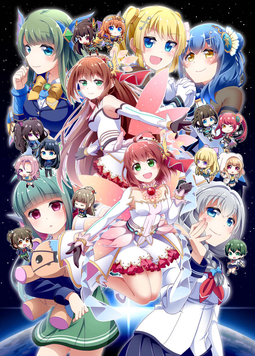 6+girls absurdres ahoge amano_nozomi asahina_kokomi battle_girl_high_school black_gloves blonde_hair blue_eyes blush bodystocking bow braid brown_hair detached_sleeves dress elbow_gloves fujimiya_sakura gloves green_eyes green_hair green_skirt grey_hair hair_ornament hasumi_urara highres himukai_yuri hiruma_neru holding_hands hoshitsuki_miki kougami_kanon kunieda_shiho kusunoki_asuha long_hair looking_at_viewer minami_hinata misaki_(battle_girl_high_school) multiple_girls narumi_haruka one_eye_closed open_mouth pink_bow pleated_skirt ponytail red_hair sadone sendouin_kaede serizawa_renge skirt star_(sky) stuffed_animal stuffed_toy teddy_bear tokiwa_kurumi tsubuzaki_anko twintails very_long_hair wakaba_subaru watagi_michelle white_dress wings yellow_bow