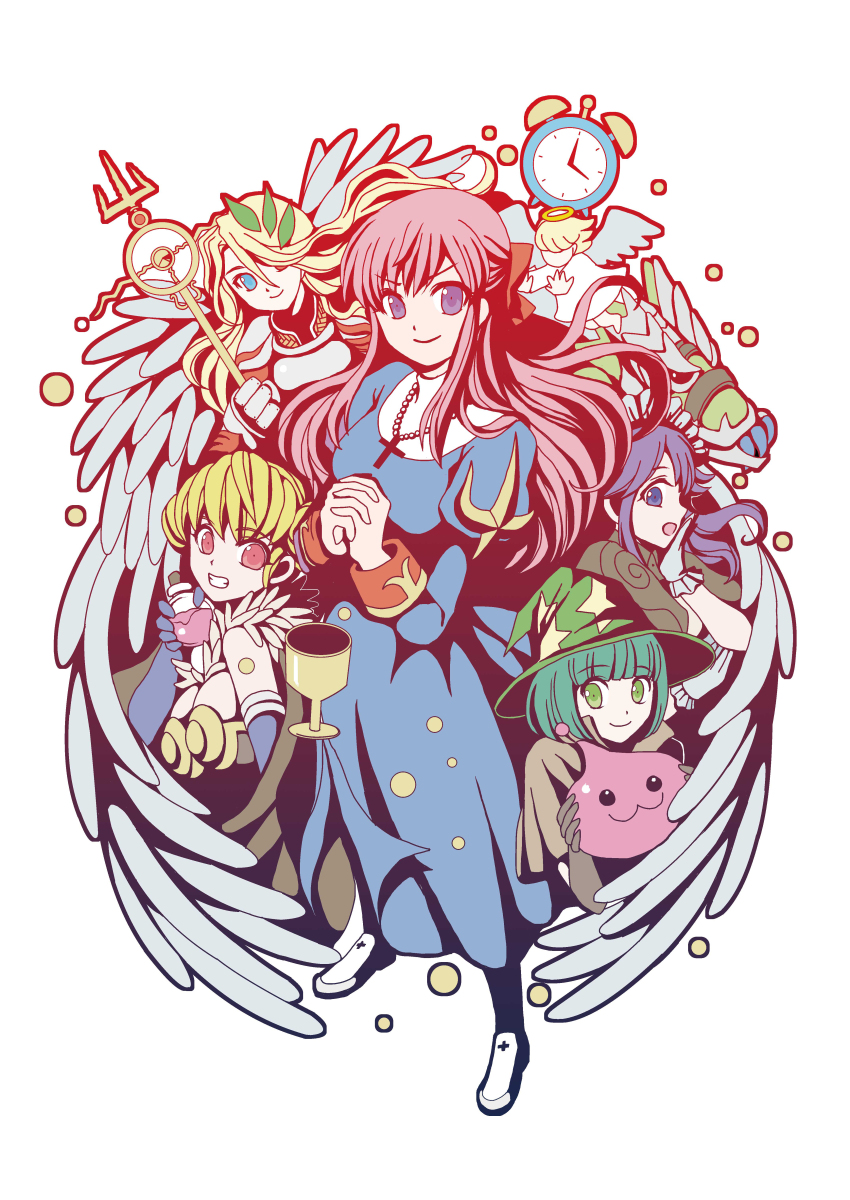 5girls :3 absurdres akanka alarm_clock alchemist_(ragnarok_online) blonde_hair blue_dress blue_eyes blue_gloves bow breasts chalice clock closed_mouth commentary_request cross cross_necklace cup dress elbow_gloves ferus_(ragnarok_online) full_body fur_collar gloves green_eyes green_hair green_hat hair_bow hat highres holding holding_polearm holding_weapon jewelry juliet_sleeves kafra_uniform large_breasts long_hair long_sleeves looking_at_viewer mage_(ragnarok_online) maid maid_headdress medium_breasts multiple_girls necklace open_mouth pavianne_(ragnarok_online) pink_hair polearm poring potion priest_(ragnarok_online) print_hat puffy_sleeves purple_eyes ragfes ragnarok_online red_bow short_hair slime_(creature) smile trident upper_body v-shaped_eyebrows valkyrie_(ragnarok_online) weapon white_background witch_hat