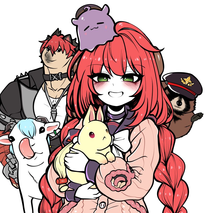 absurdres alice_thymefield animal animal_on_head animalization black_sailor_collar braid braided_twintails cardigan chest_bow doge goat green_eyes grin heterochromia highres holding holding_animal holding_rabbit hololive hololive_english kamanosuke_(zenless_zone_zero) komano_manato lucia_elowen multicolored_hair on_head pink_cardigan rabbit raccoon red_hair sailor_collar smile spiked_jacket sweater takodachi_(ninomae_ina&#039;nis) tanuki tongue tongue_out two-tone_hair ukinami_yuzuha uncolorcube virtual_youtuber white_background yidhari_murphy zenless_zone_zero