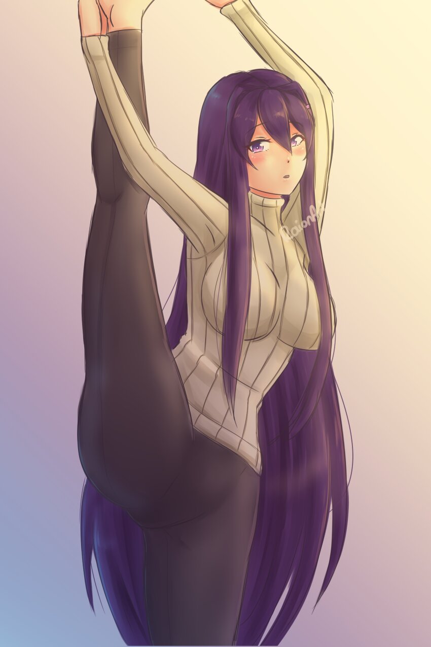 1girl absurdres doki_doki_literature_club flexible highres looking_at_viewer natsuki_(doki_doki_literature_club) raion_(raionart) smile split split_mouth standing standing_on_one_leg standing_split tagme yuri_(doki_doki_literature_club)