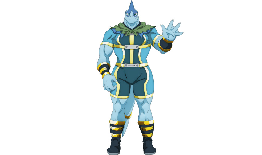 1boy araba_(shangri-la_frontier) bara fins fish_tail full_body gold_trim highres muscular muscular_male official_art shangri-la_frontier shark_boy shark_fin shark_tail smile solo tachi-e tail transparent_background