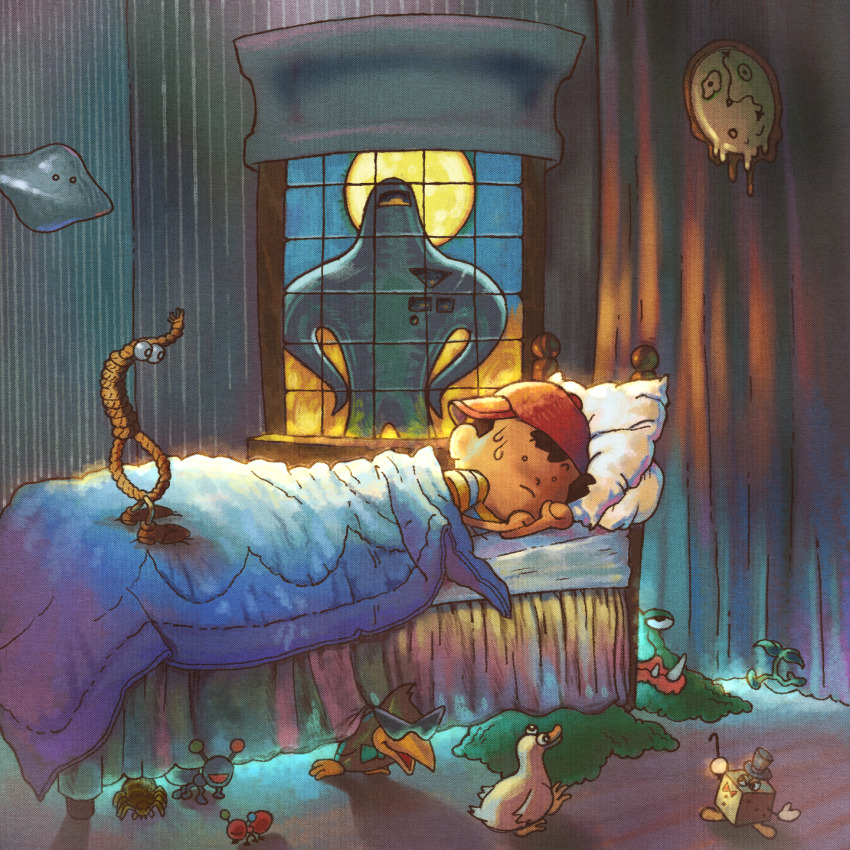 1boy ant arachnid_(mother_2) bed bird black_antoid blanket bow bowtie bug captionpanic crow curtains dali&#039;s_clock duck indoors insect li&#039;l_ufo loaded_dice_(mother_2) lying mad_duck master_belch_(mother_2) mobile_sprout monster mother_(series) mother_2 ness_(mother_2) nintendo noose noose_man_(mother) on_side red_antoid rope spider spiteful_crow starman_(mother) sunglasses sweat tarantula window
