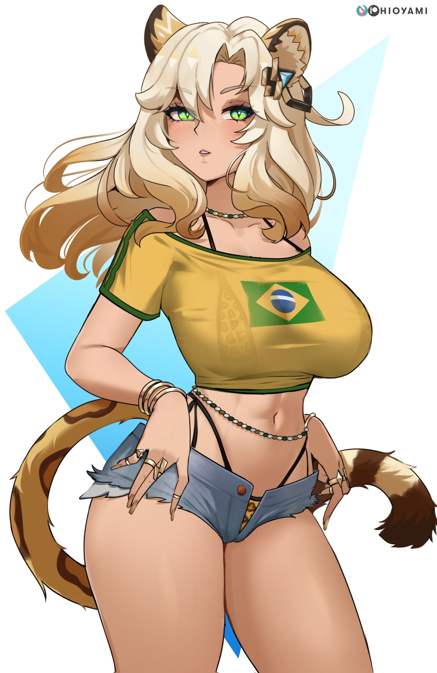 1girl absurdres animal_ears bare_shoulders bikini bikini_under_clothes blonde_hair blue_shorts blush bracelet brazilian_flag brazilian_flag_print brazilian_miku brazilian_miku_(cosplay) breasts collarbone cosplay cropped_shirt cutoffs denim denim_shorts flag_print genshin_impact green_eyes hatsune_miku highleg highleg_bikini highres hioyami jaguar_ears jaguar_girl jaguar_tail jewelry large_breasts leopard_print_bikini long_hair looking_at_viewer navel off_shoulder open_fly ring shirt short_shorts short_sleeves shorts solo swimsuit tail thighs vocaloid xilonen_(genshin_impact) yellow_shirt