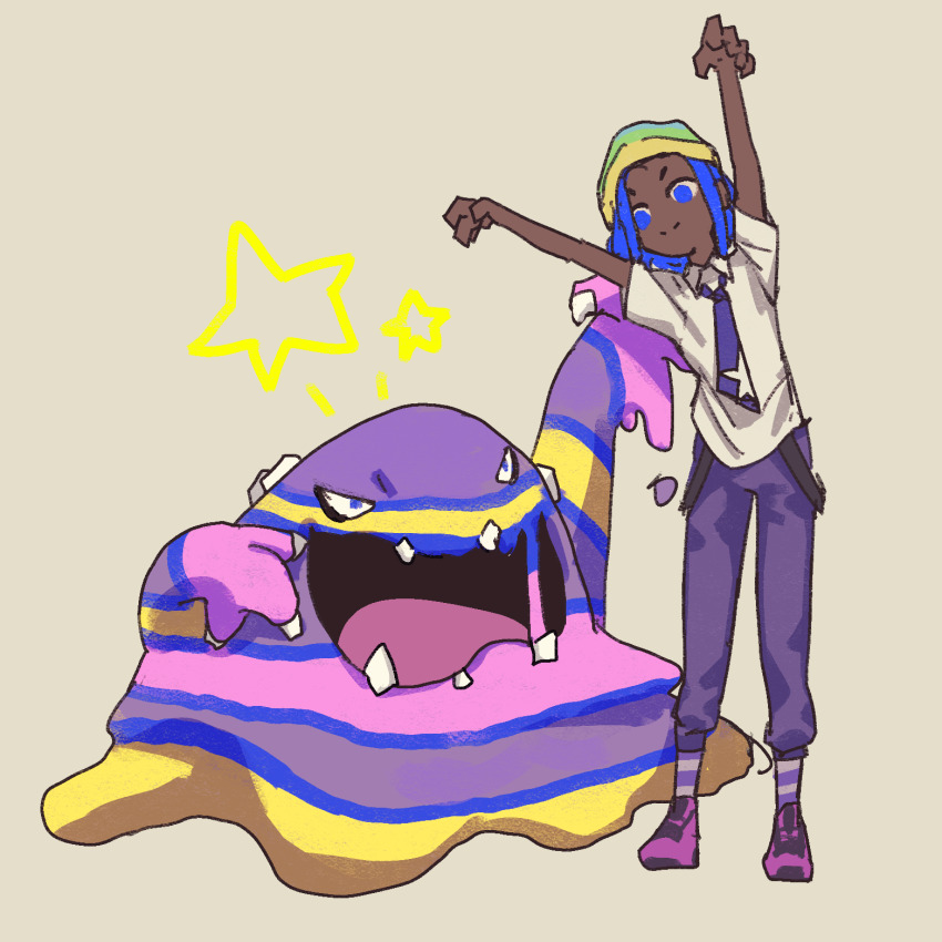 1boy alolan_form alolan_muk arms_up beanie blue_eyes blue_hair closed_mouth commentary_request dark-skinned_male dark_skin gen_7_pokemon hat highres himurohiromu male_focus necktie nintendo pants pokemon pokemon_(creature) pokemon_sv purple_necktie purple_pants shirt shoes short_sleeves smile socks split_mouth star_(symbol) striped_clothes striped_socks