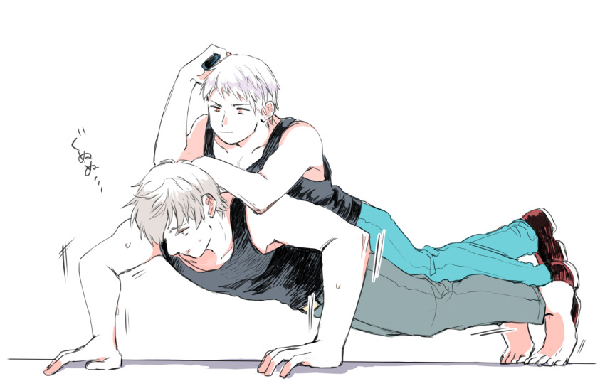 2boys axis_powers_hetalia bare_shoulders barefoot black_footwear black_tank_top blue_pants brothers closed_mouth collarbone commentary_request denim exercising goro_nyanko grey_hair grey_pants hand_up holding looking_at_another looking_down lying lying_on_person male_focus multiple_boys muscular muscular_male on_stomach open_mouth pants prussia_(hetalia) purple_eyes push-ups red_eyes russia_(hetalia) shoes short_hair siblings simple_background smile sneakers sweat tank_top v-shaped_eyebrows white_background