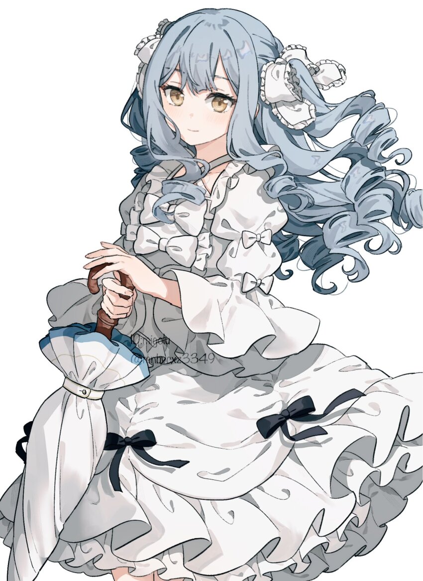 1girl bang_dream! bang_dream!_it&#039;s_mygo!!!!! blue_hair blush bow closed_mouth cowboy_shot dress drill_hair hair_ribbon highres holding holding_umbrella long_hair long_sleeves looking_at_viewer migolu ribbon simple_background smile solo togawa_sakiko twitter_username umbrella white_background white_bow white_dress white_ribbon white_umbrella yellow_eyes