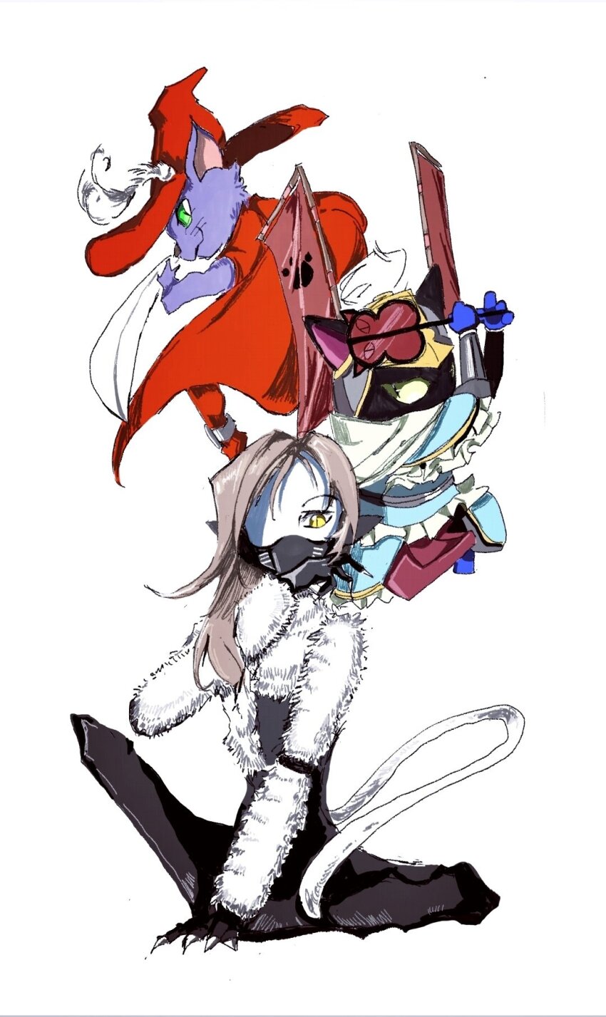 1girl brown_hair cait_sith_(megami_tensei) cape claws colored_skin commentary_request green_eyes hat highres long_hair mask mouth_mask neko_shogun nekomata_(megami_tensei) purple_fur red_cape red_hat shin_megami_tensei simple_background sitting soccerobsidian tail whiskers white_background white_fur white_skin yellow_eyes