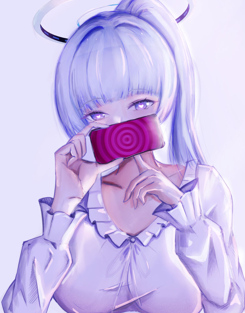 1girl absurdres blue_archive blunt_bangs cellphone dress heart heart-shaped_pupils highres holding holding_phone hypnosis long_hair looking_at_viewer mind_control mizugizoinowaki noa_(blue_archive) noa_(pajamas)_(blue_archive) official_alternate_costume official_alternate_hairstyle phone ponytail purple_eyes sidelocks smartphone solo symbol-shaped_pupils upper_body white_dress white_hair