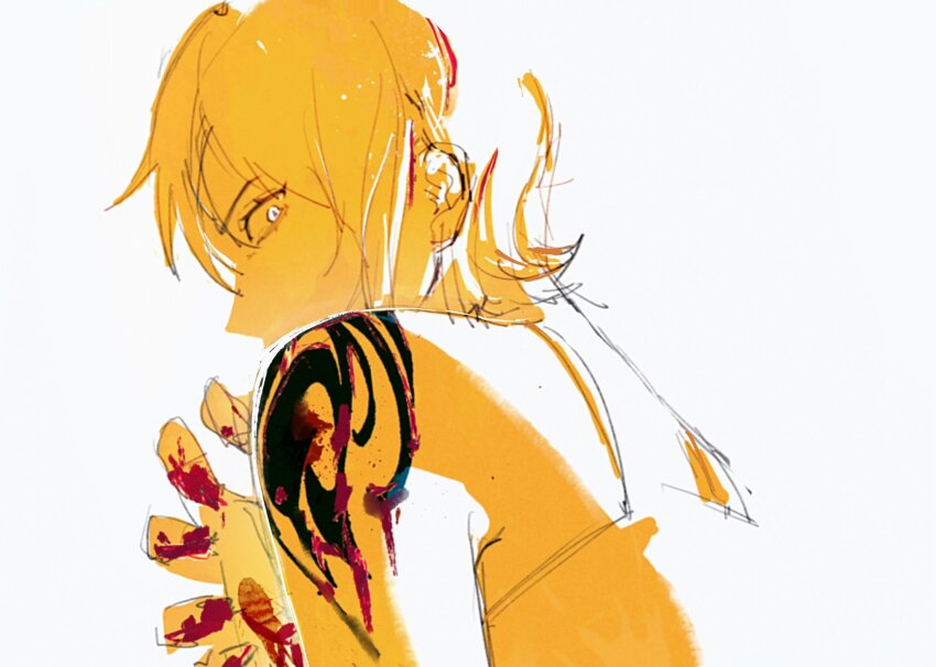 1girl bare_shoulders blood blood_on_hands blood_on_shoulder camisole commentary from_behind from_side highres injury looking_at_viewer nami_(one_piece) one_piece onecata11 orange_theme profile short_hair shoulder_tattoo single_sidelock solo spaghetti_strap symbol-only_commentary tattoo upper_body white_background white_eyes