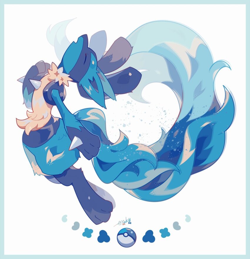 animal_ears auko black_fur blue_border blue_fur border closed_eyes gen_4_pokemon lucario moon_ball multicolored_fur nintendo no_humans poke_ball pokemon pokemon_(creature) signature snout solo spikes tail white_background yellow_fur