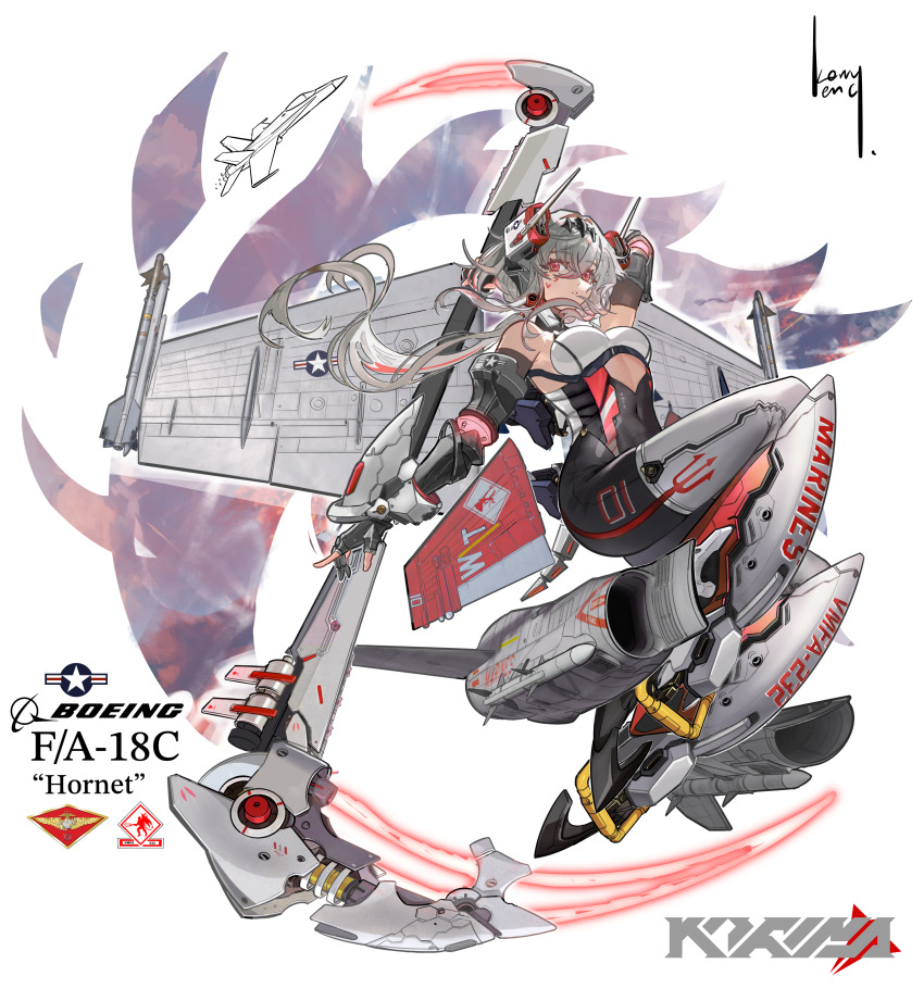 1girl absurdres aircraft airplane character_name detached_sleeves f-18_hornet fighter_jet fingerless_gloves full_body gloves grey_hair highres holding holding_scythe kerry_leng looking_at_viewer machine mecha mecha_musume military_vehicle original personification red_eyes robot scythe signature war_thunder