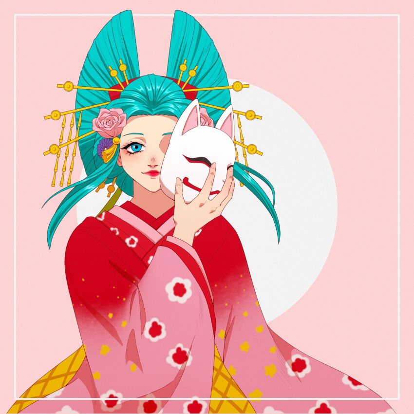 1girl absurdres aqua_eyes aqua_hair closed_mouth commentary english_commentary flower fox_mask hair_flower hair_ornament hair_stick highres holding holding_mask japanese_clothes kimono kouzuki_hiyori lips lipstick looking_at_viewer makeup mask nihongami oiran one_piece pink_flower purple_flower red_lips smile solo tsukizawr