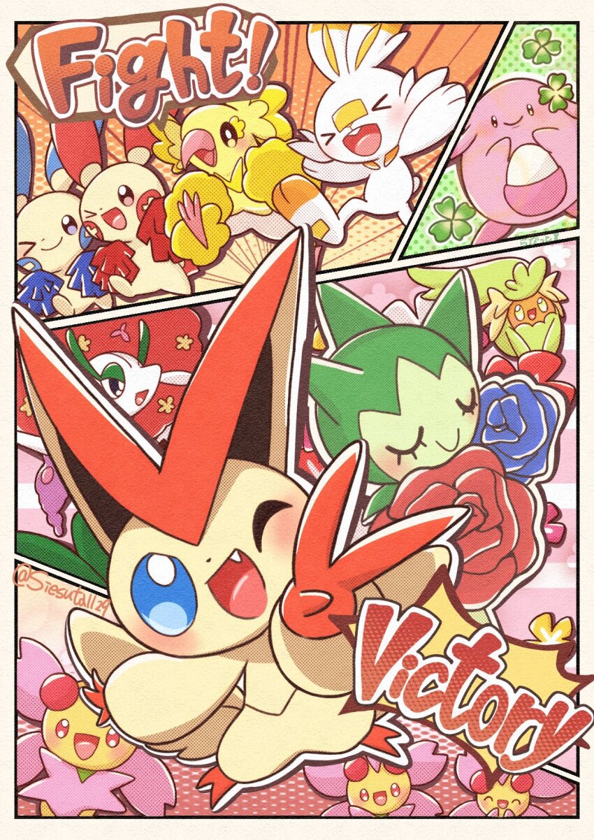 &gt;_&lt; &gt;_o ;d blue_eyes border chansey cherrim cherrim_(sunshine) clover comfey commentary_request english_text fang florges florges_(red_flower) four-leaf_clover gen_1_pokemon gen_3_pokemon gen_4_pokemon gen_5_pokemon gen_6_pokemon gen_7_pokemon gen_8_pokemon gokuaku_rabbit highres holding holding_pom_poms legendary_pokemon looking_at_viewer minun mythical_pokemon nintendo one_eye_closed open_mouth oricorio oricorio_(pom-pom) outline plusle pokemon pom_pom_(cheerleading) pom_poms roselia_(pokemon) scorbunny smile tongue twitter_username v victini white_border