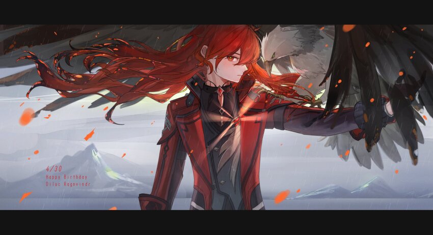 1boy aji_11300913 bird bird_on_hand black_border black_gloves black_shirt border character_name closed_mouth collared_jacket commentary_request dated diluc_(genshin_impact) diluc_(red_dead_of_night)_(genshin_impact) english_text genshin_impact gloves grey_sky hand_up happy_birthday highres jacket light_particles long_hair looking_at_viewer male_focus mountainous_horizon profile rain red_eyes red_hair red_jacket shirt sky solo upper_body