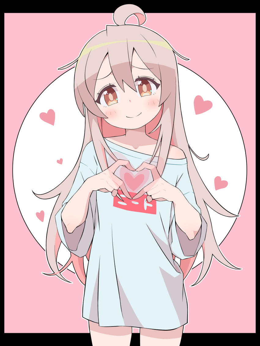 1girl absurdres ahoge black_border blush border brown_eyes closed_mouth clothes_writing colored_inner_hair commentary_request dot_nose genderswap genderswap_(mtf) grey_hair hair_between_eyes hands_up heart heart_background heart_hands highres long_hair looking_at_viewer multicolored_hair naked_shirt neet onii-chan_wa_oshimai! oversized_clothes oversized_shirt oyama_mahiro pink_background pink_hair print_shirt shirt short_sleeves single_bare_shoulder smile solo standing t-shirt u_illustrator white_shirt
