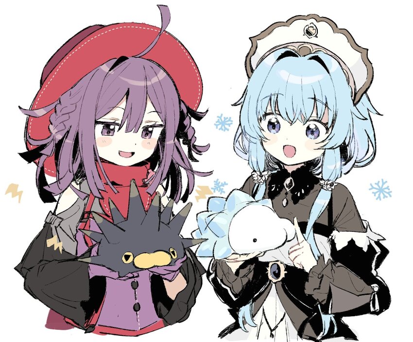 2girls :d ahoge black_dress blue_hair blunt_bangs blunt_ends boyano braid commentary cropped_torso crossover dot_nose dress gen_8_pokemon hair_between_eyes hat holding holding_pokemon layered_sleeves lightning_bolt_symbol long_hair long_sleeves looking_down magia_record:_mahou_shoujo_madoka_magica_gaiden magical_girl mahou_shoujo_madoka_magica multiple_girls nintendo open_mouth pincurchin pokemon pokemon_(creature) purple_eyes purple_hair purple_shirt red_hat sarasa_hanna scarf sena_mikoto shirt side_braids sidelocks simple_background smile snom snowflakes symbol-only_commentary twintails upper_body white_background
