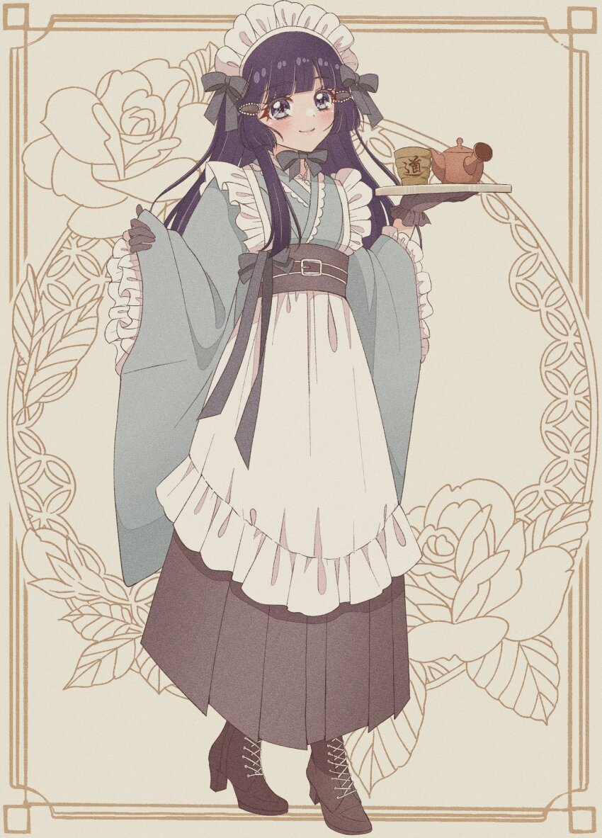 1girl alternate_costume aoki_reika apron black_gloves blue_bow blue_bowtie blue_eyes blue_hair blue_kimono blunt_bangs boots bow bowtie brown_boots brown_hakama brown_sash closed_mouth cup dot_nose enmaided eyelashes floral_background flower frilled_apron frilled_gloves frilled_hair_tubes frilled_sleeves frills full_body gloves grey_background grey_bow hair_bow hair_tubes hakama hakama_skirt happy high_heel_boots high_heels highres holding holding_tray japanese_clothes kimono lace lace-trimmed_kimono lace-up_boots lace_trim light_blush lips long_hair long_skirt long_sleeves looking_at_viewer maid maid_day maid_headdress mochico_bb obi outside_border picture_frame pinching_sleeves pink_lips precure rose sash short_kimono sidelocks skirt smile smile_precure! solo tareme teapot tray wa_maid white_apron wide_sleeves yunomi