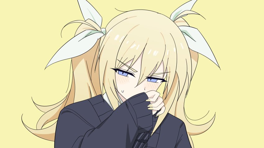 1girl absurdres alternate_costume arimura_hinae biga3937 blonde_hair blue_eyes blush chaos;child commentary_request hair_between_eyes hair_ribbon highres long_hair long_sleeves looking_at_viewer nervous_sweating ribbon science_adventure simple_background solo sweat sweatdrop twintails upper_body yellow_background zako_(vocaloid)