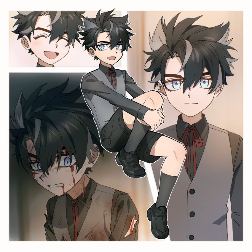 1boy :d ^_^ aged_down angry black_hair black_shoes black_shorts black_socks bleeding blood blood_from_forehead blood_from_mouth blood_on_clothes blood_on_face blue_eyes border buttons child clenched_teeth closed_eyes closed_mouth collared_shirt commentary_request cuts domo_(domo_kizusuki) genshin_impact grey_hair grey_shirt grey_vest hair_between_eyes happy highres injury looking_at_viewer male_focus multicolored_hair multiple_views neck_ribbon open_mouth parted_bangs red_ribbon ribbon shirt shoes short_hair shorts smile socks split_mouth streaked_hair teeth torn_clothes torn_shirt upper_body v-shaped_eyebrows vest white_border wing_collar wriothesley_(genshin_impact)