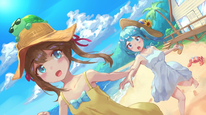 2girls animal animal_on_head arm_grab barefoot beach blue_bow blue_eyes blue_hair blue_sky bluesh blush bow brown_hair cloud commentary crab dress dutch_angle english_commentary flower hair_ribbon hat hat_flower highres holding holding_footwear holding_unworn_clothes indie_virtual_youtuber live2d_inc. long_hair miyune_bun mmeizterr momose_hiyori multiple_girls neuro-sama ocean on_head open_mouth outdoors palm_tree red_ribbon ribbon running sand sandals sky sleeveless sleeveless_dress straw_hat sun_hat sundress sunglasses tree turtle twintails two_side_up vedal987 virtual_youtuber white_dress