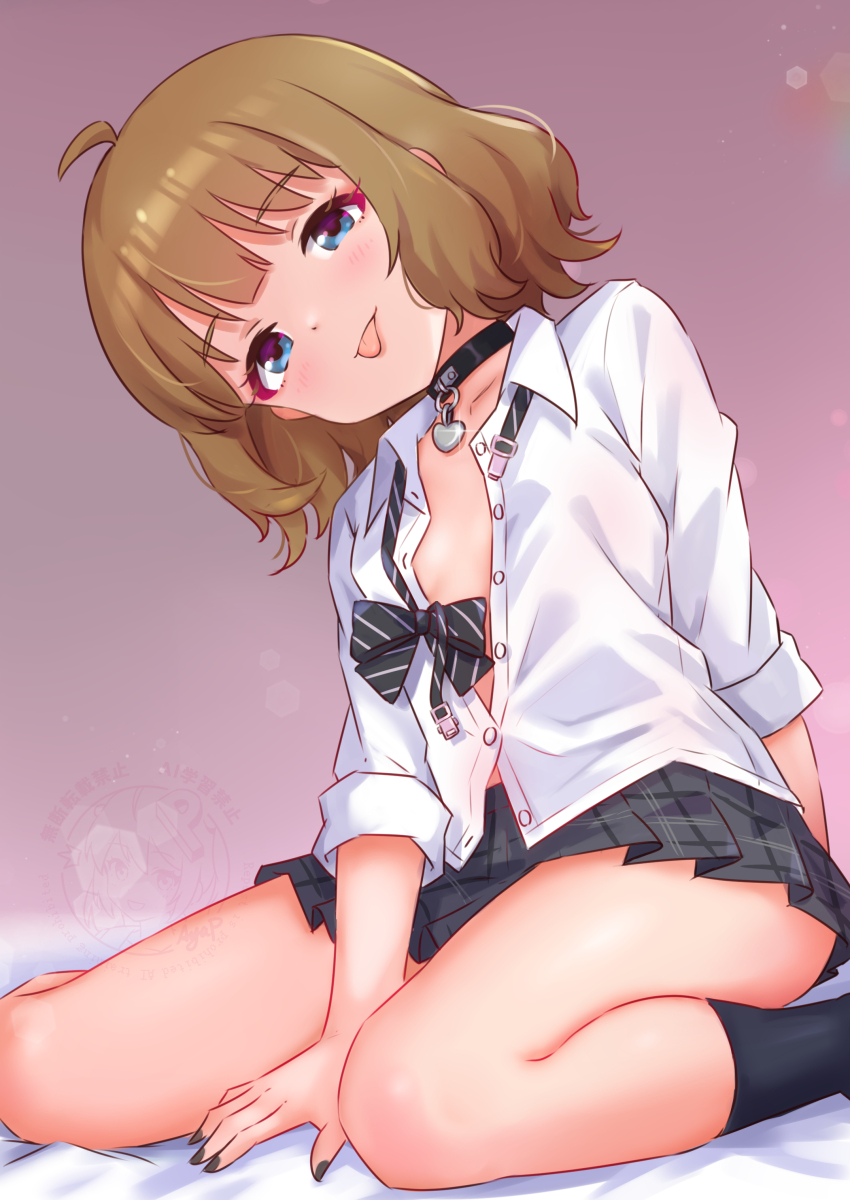 1girl :p absurdres ahoge bare_legs bed_sheet black_bow black_bowtie black_choker black_skirt black_socks blush bow bowtie brown_hair choker collarbone concept_gyarus_(idolmaster) diagonal-striped_bow diagonal-striped_bowtie diagonal-striped_clothes fingernails gyaru head_tilt highres idolmaster idolmaster_million_live! koaya kogal looking_at_viewer miniskirt nail_polish no_bra pleated_skirt school_uniform shirt short_hair sitting skirt socks solo striped_clothes suou_momoko tongue tongue_out undone_bowtie white_shirt