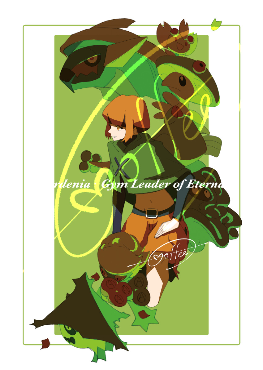 1girl absurdres belt black_belt black_shirt blunt_bangs border breloom cacturne cccacademia character_name cherrim commentary_request gardenia_(pokemon) gen_3_pokemon gen_4_pokemon green_background green_poncho highres leaf looking_to_the_side midriff navel nintendo orange_eyes orange_hair orange_shorts pokemon pokemon_(creature) pokemon_dppt roserade shirt shorts signature tangrowth torterra white_border