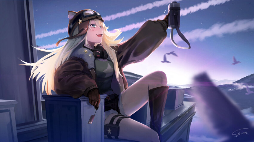0gen3_illust 1girl :d animal_ear_headwear animal_ears arm_up aviator_cap battlement bird black_boots black_gloves black_shorts blonde_hair blue_eyes blue_sky boots brown_hat brown_jacket canteen contrail fake_animal_ears feet_out_of_frame from_side gloves goggles goggles_on_headwear gradient_sky green_shirt hand_up hat highres holding_canteen jacket knee_boots lilya_(reverse:1999) long_hair long_sleeves looking_up mask mask_around_neck open_mouth outdoors oxygen_mask pouch profile puffy_long_sleeves puffy_sleeves reverse:1999 shirt short_shorts shorts sitting sky smile solo teeth thigh_pouch twitter_username upper_teeth_only