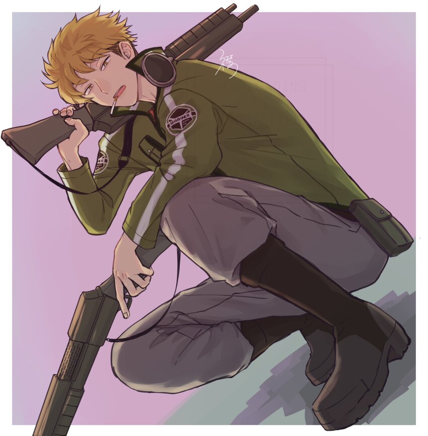 1boy arm_up black_boots blonde_hair boots brown_eyes cigarette dual_wielding erinan full_body green_jacket grey_pants gun headphones headphones_around_neck highres holding jacket long_sleeves looking_at_viewer male_focus mouth_hold open_mouth pants purple_background short_hair shotgun solo squatting suwa_koutarou weapon world_trigger