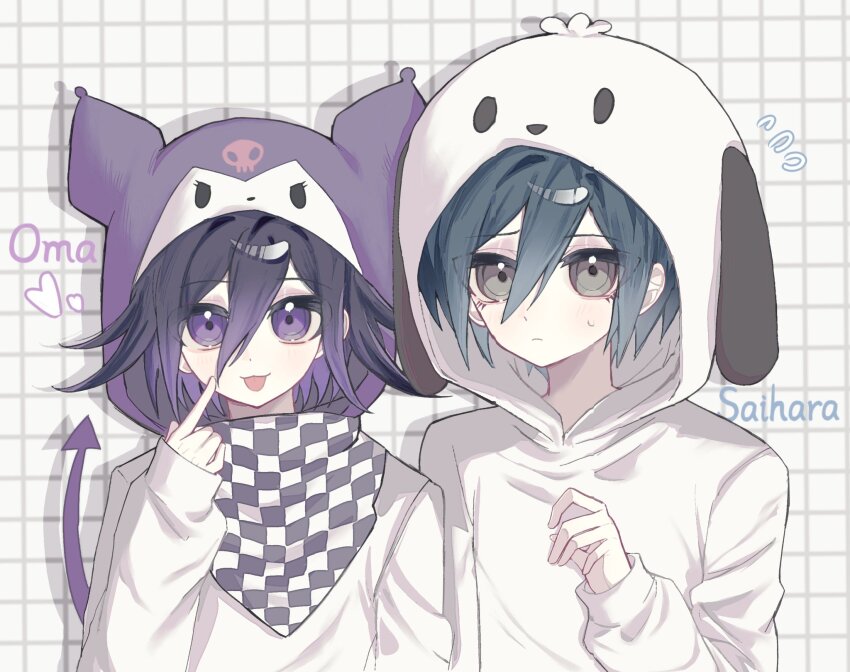 2boys animal_hood bishounen black_hair blue_hair brown_eyes character_name checkered_clothes checkered_scarf commentary cosplay danganronpa_(series) danganronpa_v3:_killing_harmony finger_to_cheek flipped_hair grid_background hair_between_eyes heart highres hood hood_up hoodie k_(k8515723858516) kuromi kuromi_(cosplay) long_sleeves looking_at_viewer lower_eyelashes_only male_focus medium_hair multiple_boys oma_kokichi onegai_my_melody pale_color pochacco pochacco_(cosplay) purple_eyes purple_hair ringed_eyes saihara_shuichi sanrio scarf shadow short_hair simple_background smile tongue tongue_out two-tone_scarf upper_body white_hoodie