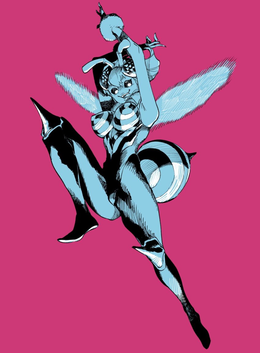 1girl abdomen_tail ahn_dongshik antennae armpits arms_up arthropod_girl bee_girl blue_theme bracelet breasts breasts_apart compound_eyes darkstalkers extra_eyes full_body fur_bracelet fur_collar highleg highleg_leotard highres insect_girl insect_wings jewelry knee_spikes large_breasts leotard limited_palette long_hair looking_down monster_girl motion_blur outstretched_crossed_arms pink_background pointy_breasts q-bee sharp_teeth short_hair smile solo stinger striped_clothes teeth thick_thighs thighs tongue tongue_out updo wings